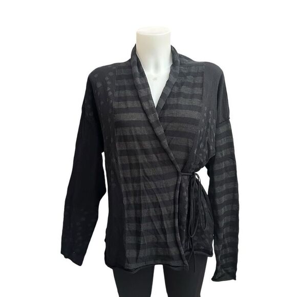 Manuelle Guibal Paris Black Wool Alpaca Blend Stripe‎ Dots Wrap Cardigan sz 4 - Picture 1 of 8